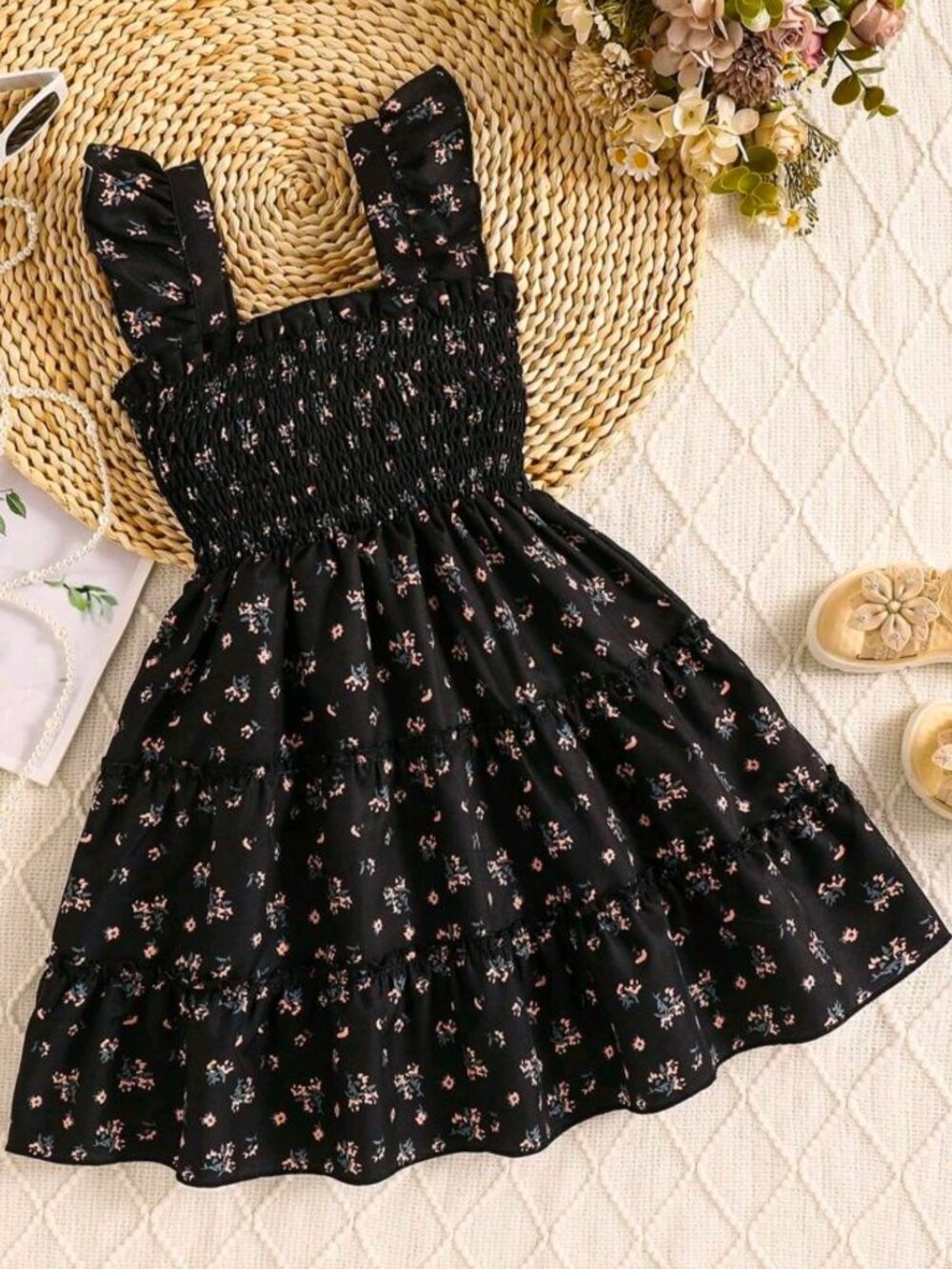 Elladie Kids ✦ Ditsy Floral Sundress ✦ Smocked Ruffle Strap A‑Line Black 5Y NWT - Picture 8 of 9